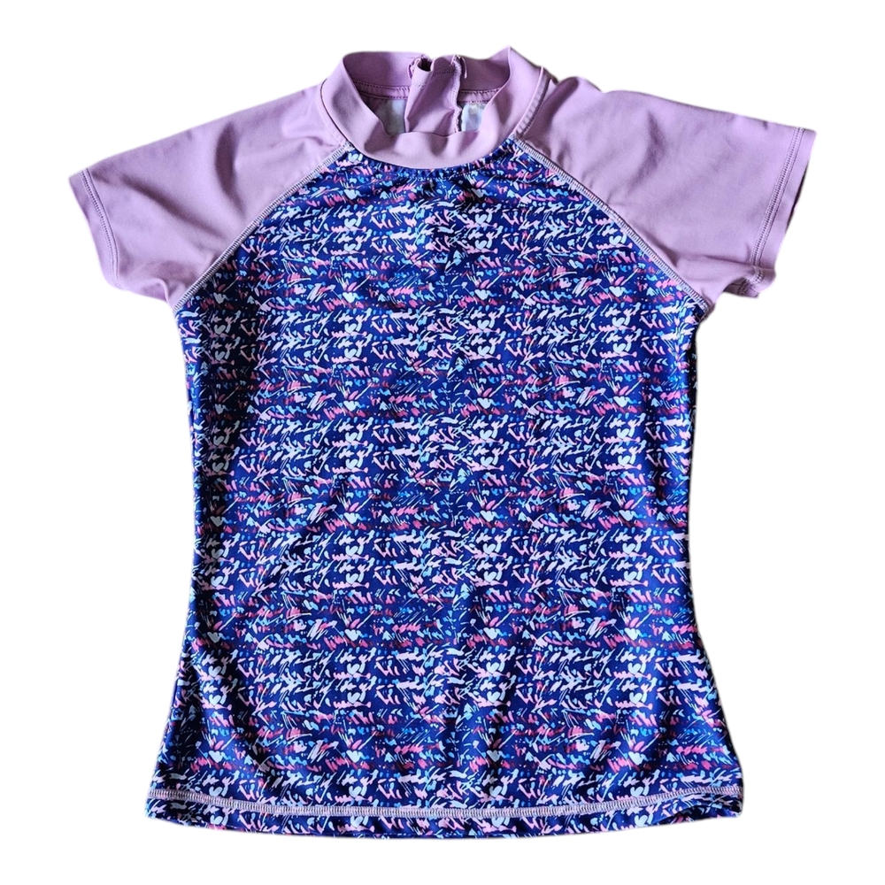 Eddie Bauer Girls Rash Guard Swim Shirt Size 10/12 Short Sleeve Zip Back Purple